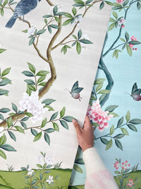 close up of colourful vintage style botanical chinoiserie art prints
