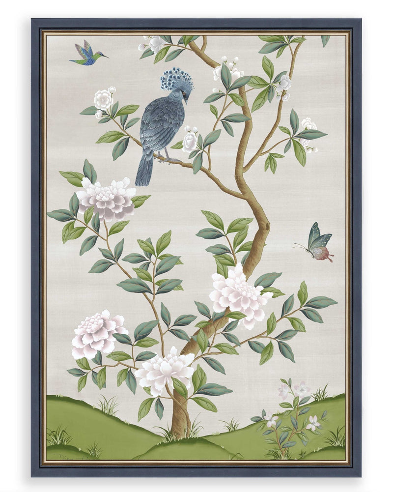 framed ivory and green botanical chinoiserie wall art print with flowers and birds in Chinese painting style