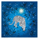 blue vintage-style chinoiserie wall art print featuring a white tiger on a blue starry background