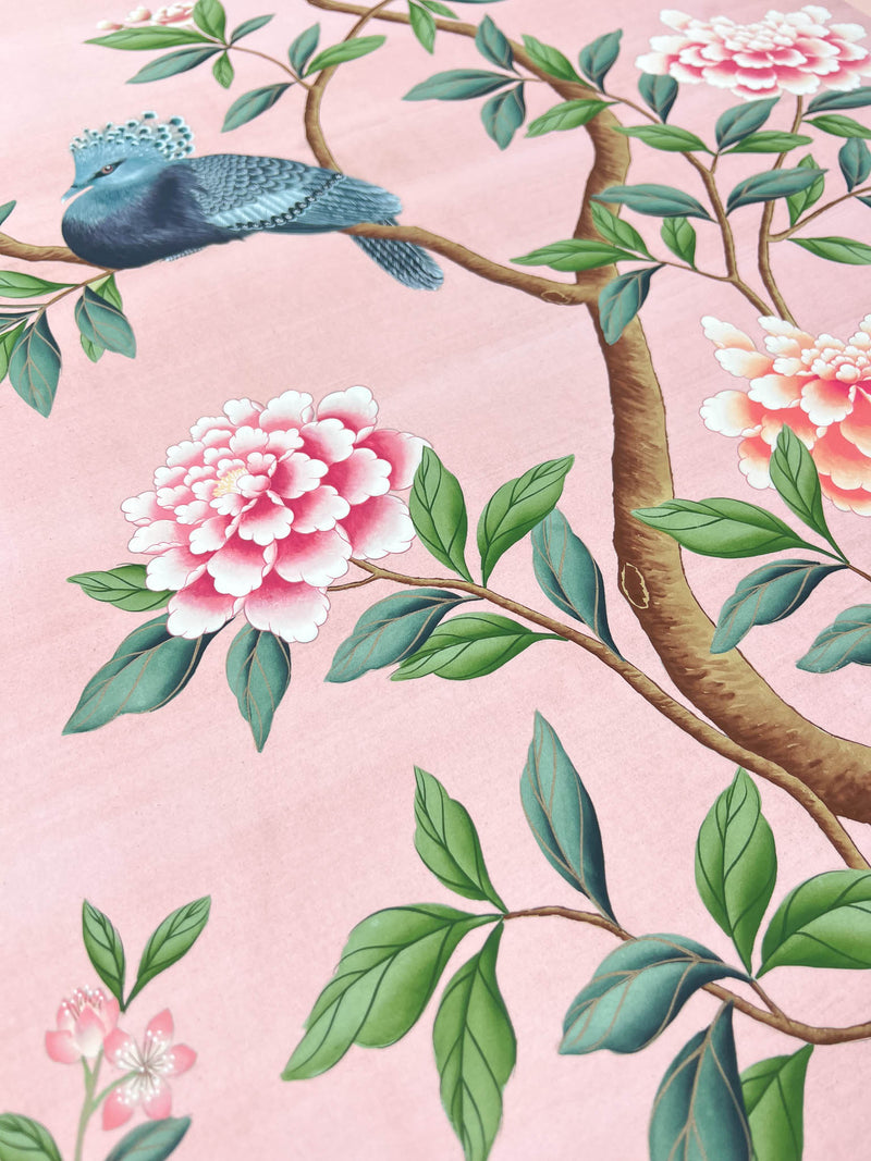 close up of pink and green vintage style botanical chinoiserie art print