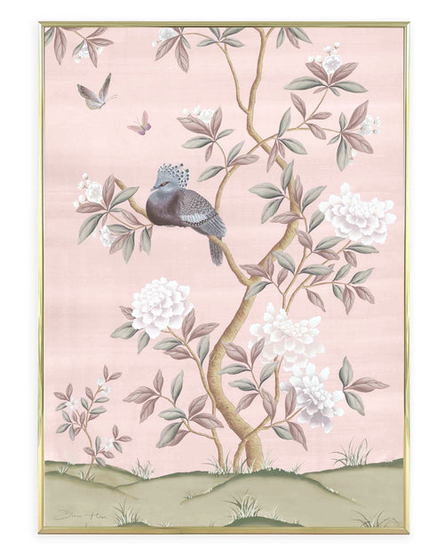 pink botanical chinoiserie wall art print with flowers and birds in Chinese painting style