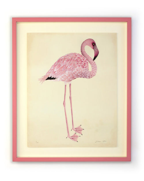 framed wall art print featuring gold sparkle embellished botanical pink flamingo 