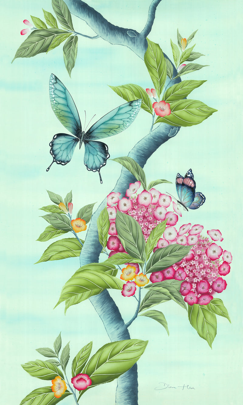 Chinoiserie style art print featuring butterflies and pink flowers on an aqua blue background