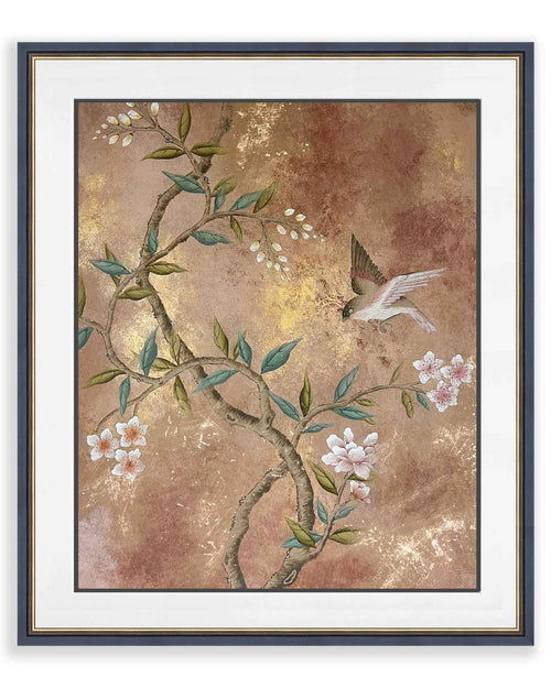 framed vintage style chinoiserie painting featuring a bird and blossom branch on a distress mottled bronze and gold background
