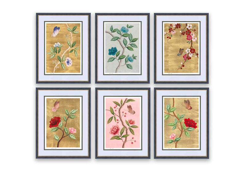set of 6 colourful framed chinoiserie wall art prints featuring vintage-style butterflies, blossoms, and flower branches