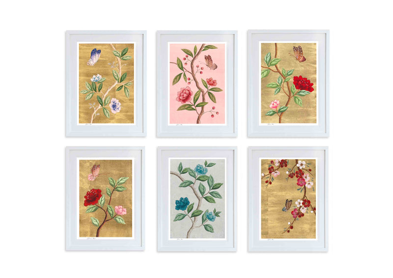 set of 6 colourful framed chinoiserie wall art prints featuring vintage-style butterflies, blossoms, and flower branches 