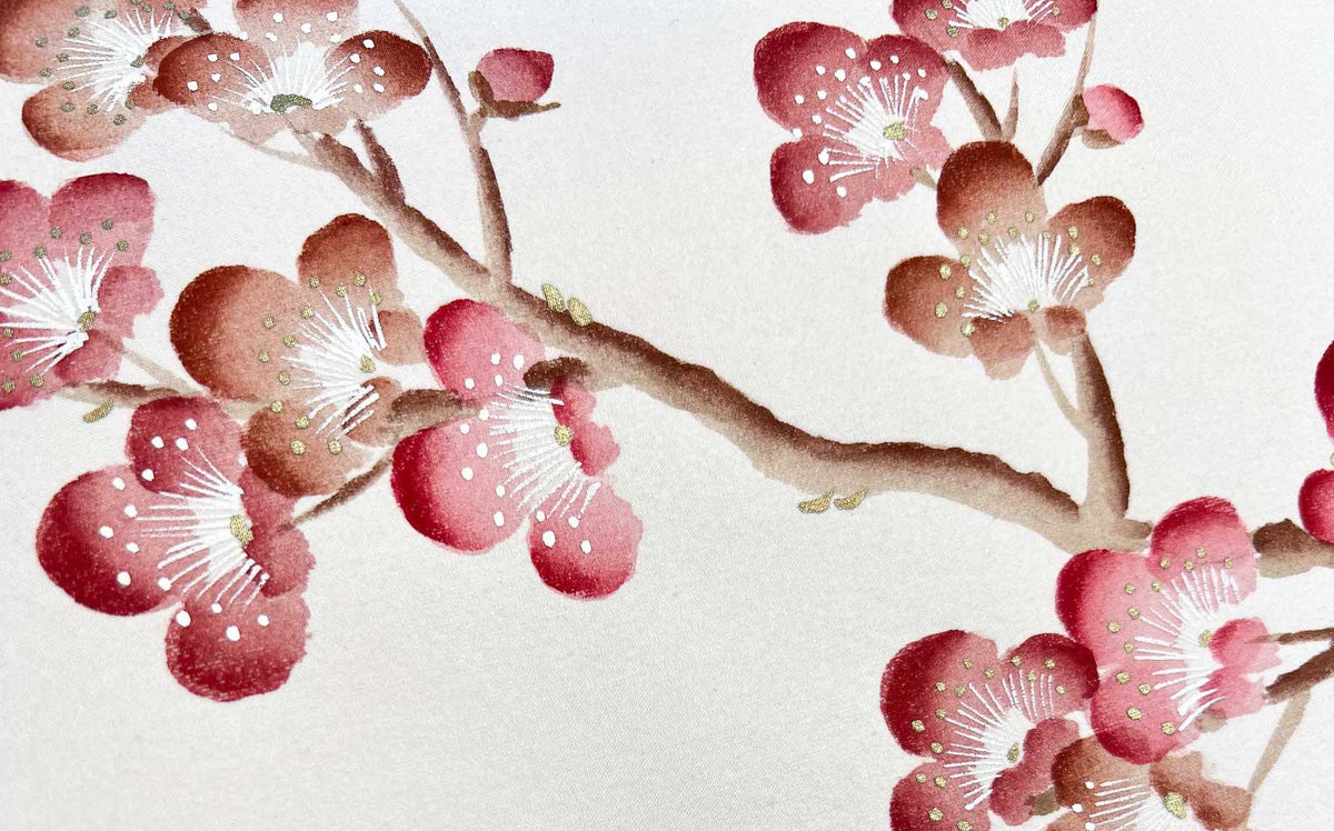 up-close photo of Japanese style cherry blossoms painted onto  silk paper