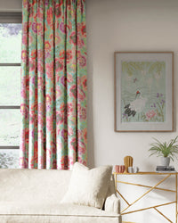 blue and pink floral chinoiserie fabric on curtains in modern living room