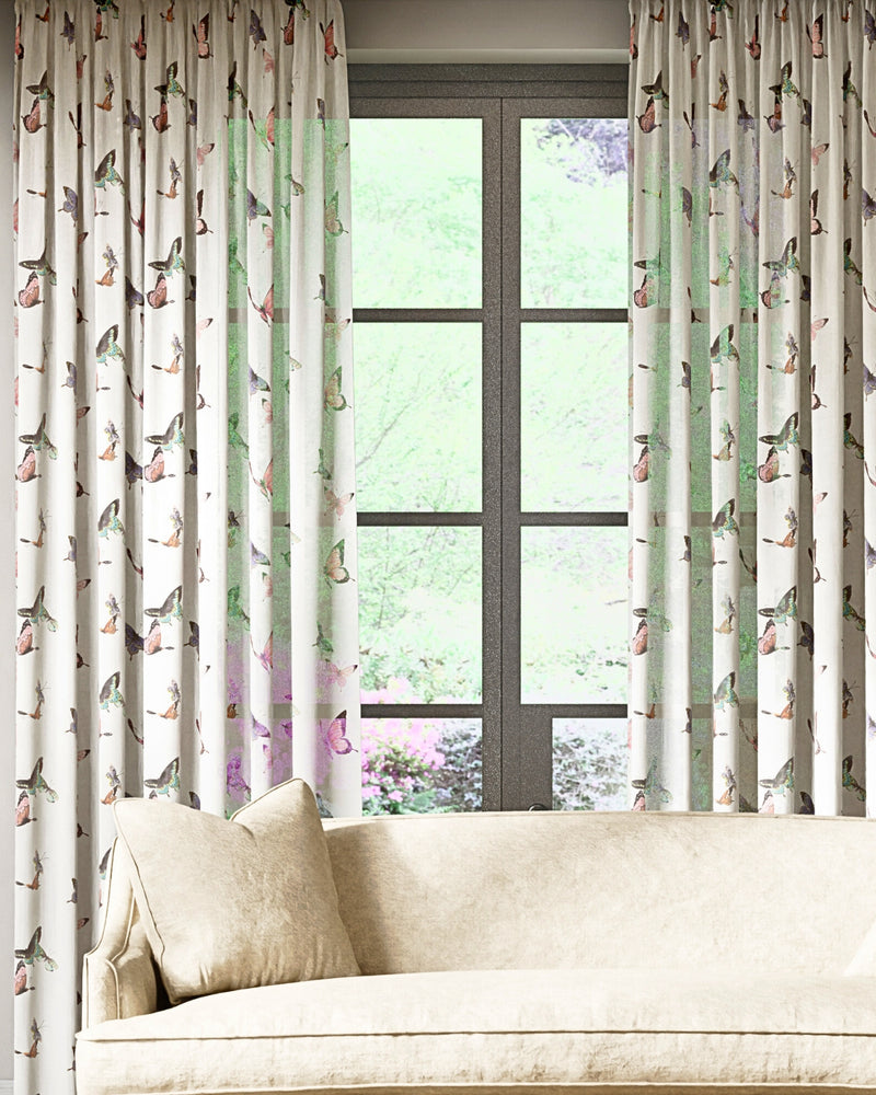 botanical wallpaper featuring chinoiserie style butterflies on curtains in country style bathroom