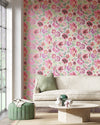 powder pink floral chinoiserie wallpaper in modern living room