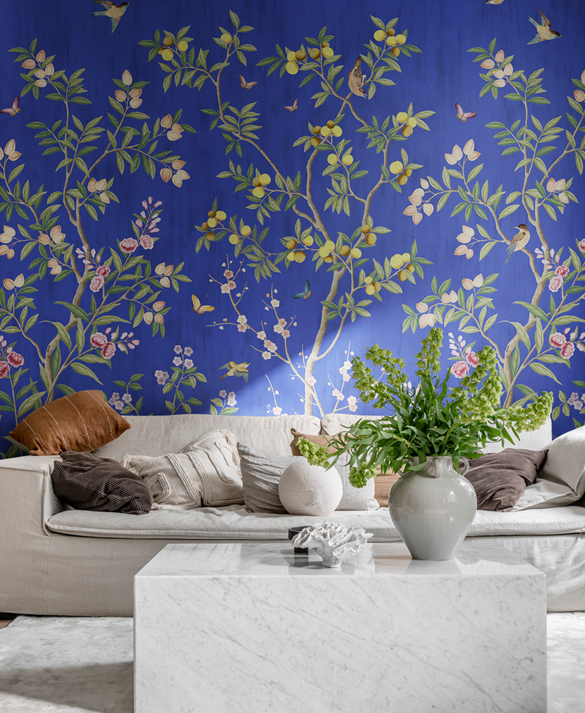 'Chinoiserie Chic, Cobalt' chinoiserie wallpaper by Diane Hill for Rebel Walls in a living room lifestyle photo