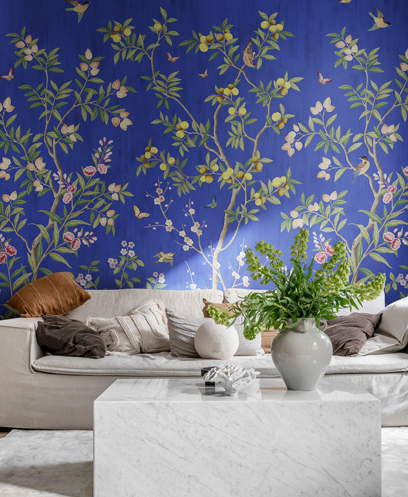 'Chinoiserie Chic, Cobalt' chinoiserie wallpaper by Diane Hill for Rebel Walls in a living room lifestyle photo