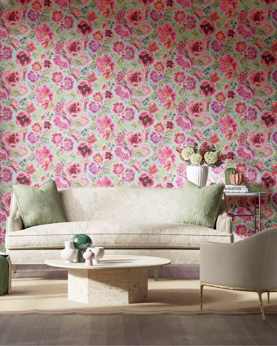 aqua blue and pink floral chinoiserie wallpaper in modern living room