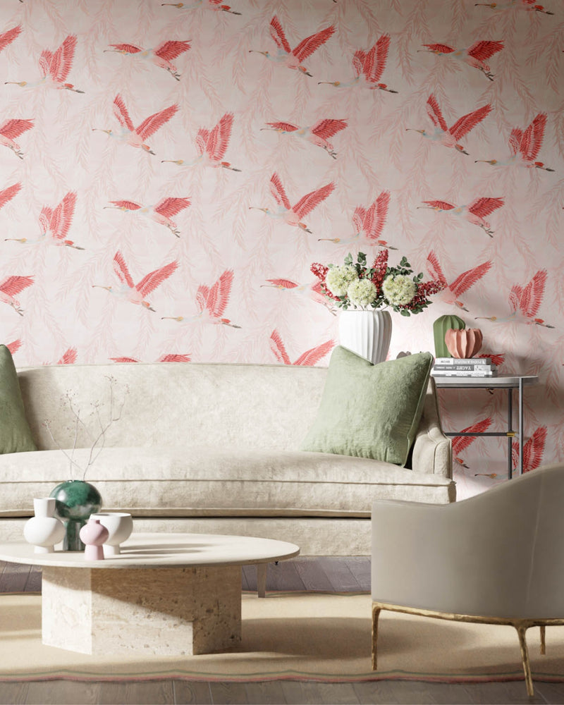 pink botanical wallpaper featuring chinoiserie style birds in modern living room