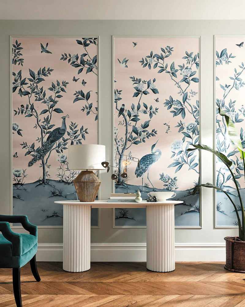 pink and blue classic chinoiserie wallpaper panels featuring chinese illustration style peacocks, birds, and botanicals