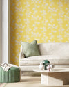 yellow botanical wallpaper featuring chinoiserie style bamboo in modern living room