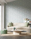 blue botanical wallpaper featuring chinoiserie style bamboo in modern living room