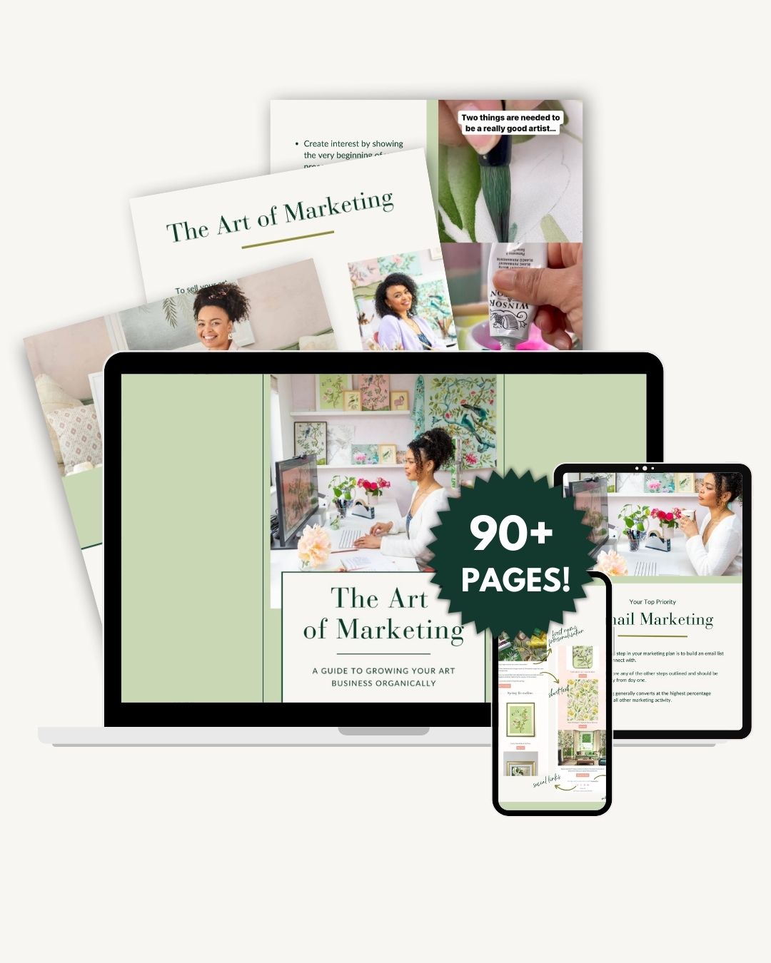 Digital marketing guide for artists with tablet, smartphone, and printed book on a white background