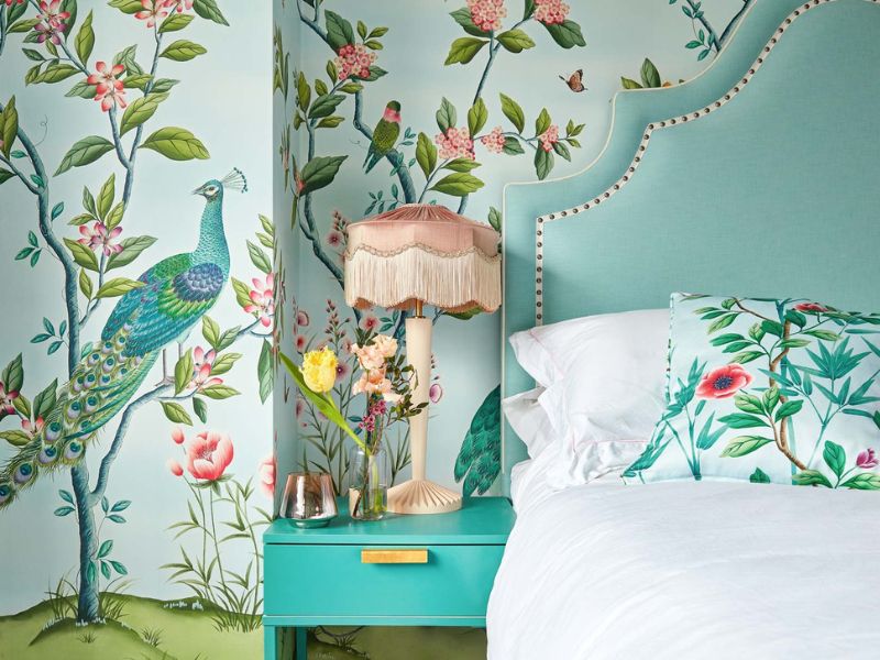 Diane Hill's blue chinoiserie bedroom featuring her 'Florence' chinoiserie wallpaper