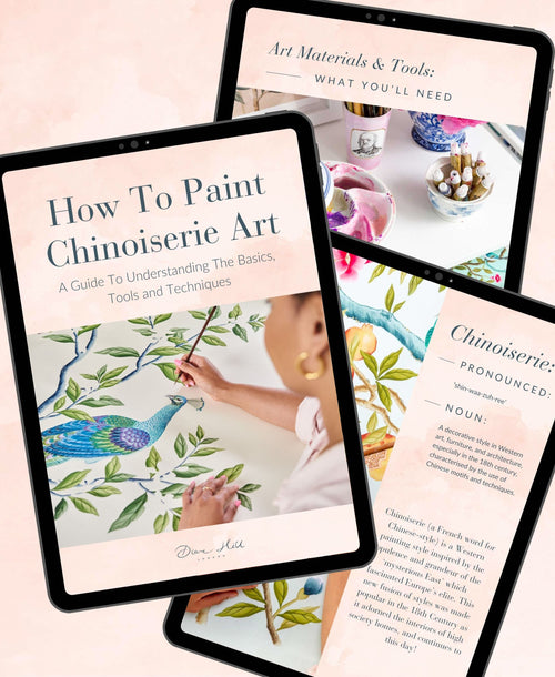 3 layered ipad mock-ups of pages from Diane Hill's new digital e-book: How To Paint Chinoiserie Art