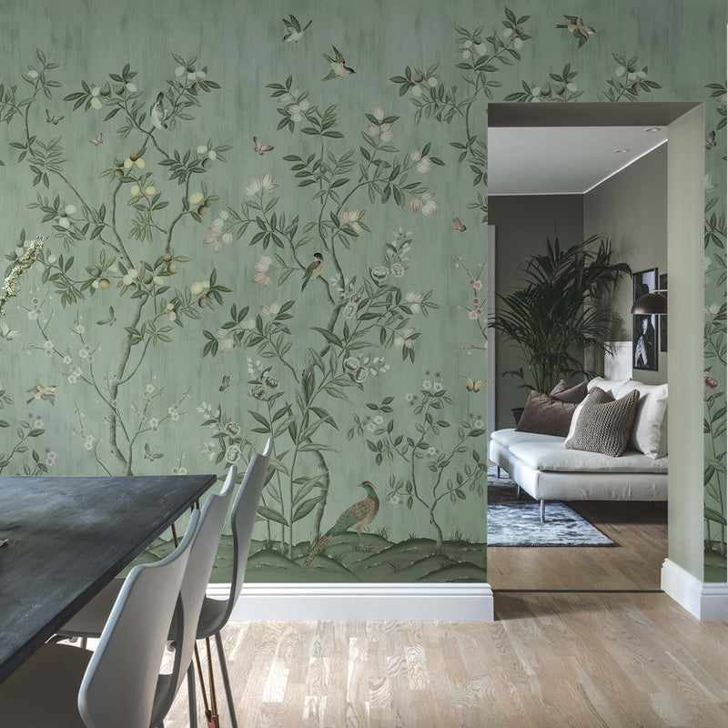 'Chinoiserie Chic, Jade' wallpaper by Diane Hill x Harlequin in a lifestyle dining room photo