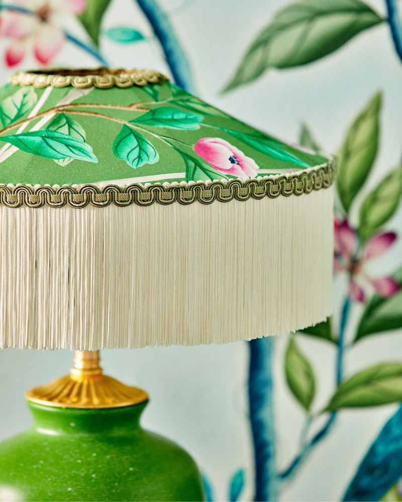 green chinoiserie fabric featuring bamboo and flowers on lampshade