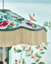 blue chinoiserie fabric featuring bamboo and flowers on lampshade