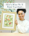 watercolor artist diane hill holding framed chinoiserie painting featuring peonies branches and a butterfly