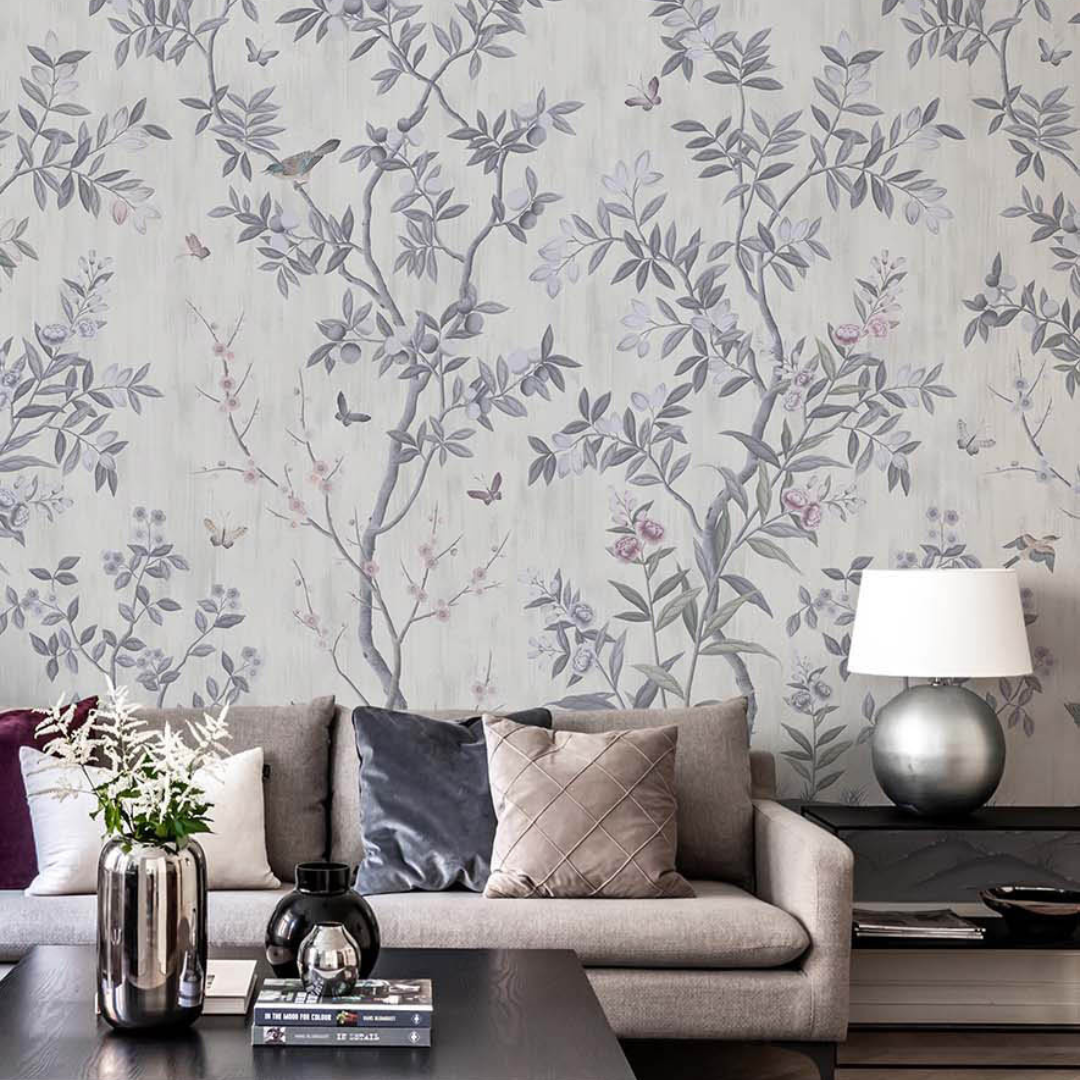 'Chinoiserie Chic, Pearl Grey' chinoiserie wallpaper by Diane Hill for Rebel Walls in a living room lifestyle photo