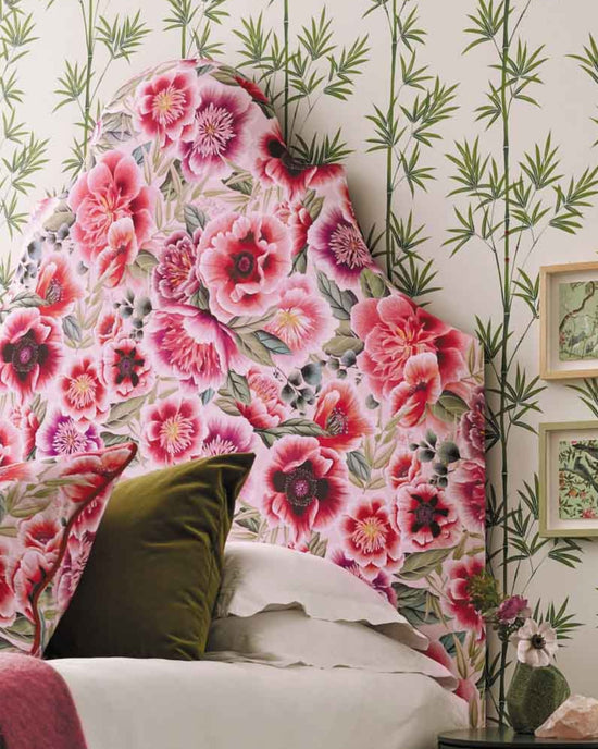 pink tonal floral chinoiserie fabric on headboard in maximalisit bedroom