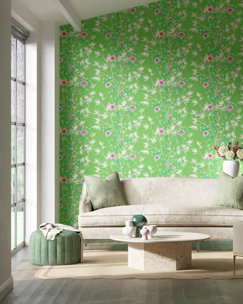 green floral wallpaper featuring chinoiserie style bamboo and flowers in modern living room