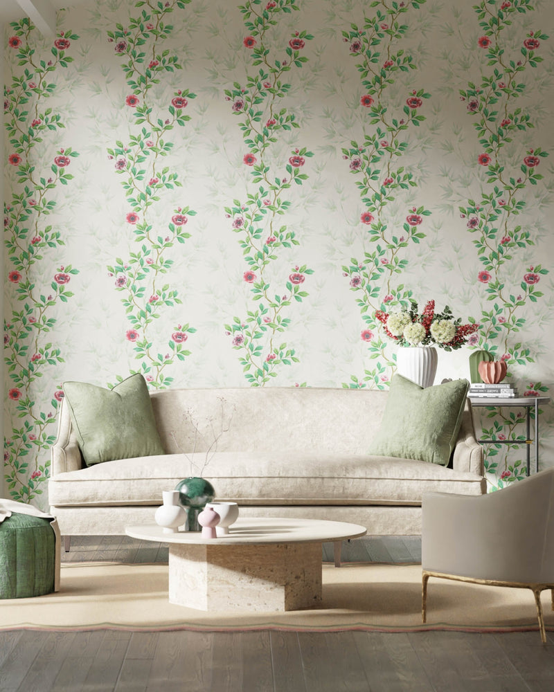 white and green floral wallpaper featuring chinoiserie style bamboo and flowers