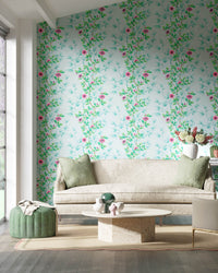 blue chinoiserie wallpaper featuring bamboo and flowers in modern living room