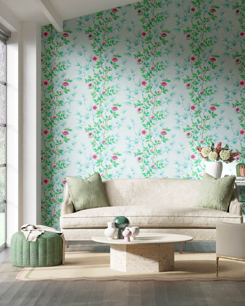 blue chinoiserie wallpaper featuring bamboo and flowers in modern living room