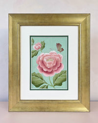 Diane Hill's original chinoiserie painting 'Antique Dog Rose' in a gold frame on a plain white background