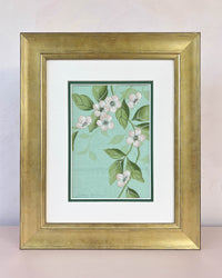 framed blue chinoiserie painting on india tea paper featuring antique style flowers on branches