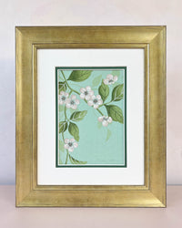 framed blue chinoiserie painting on india tea paper featuring antique style flowers on branches