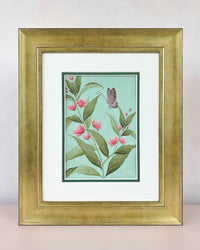 framed blue chinoiserie painting on silk paper featuring vintage style butterfly, leaves and flowers