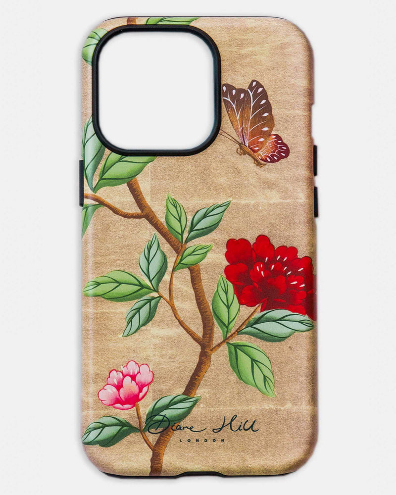 luxury chinoiserie phone case featuring vintage inspired butterfly branches and flowers on a gold background