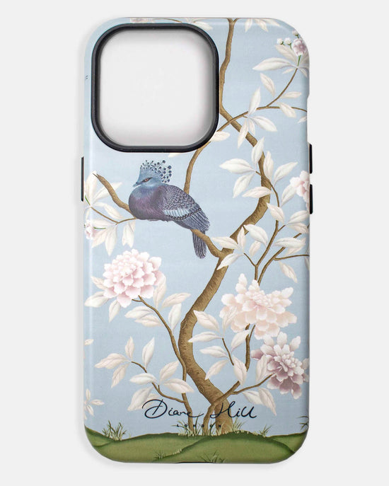 blue luxury phonecase with chinoiserie style bird and white flowers