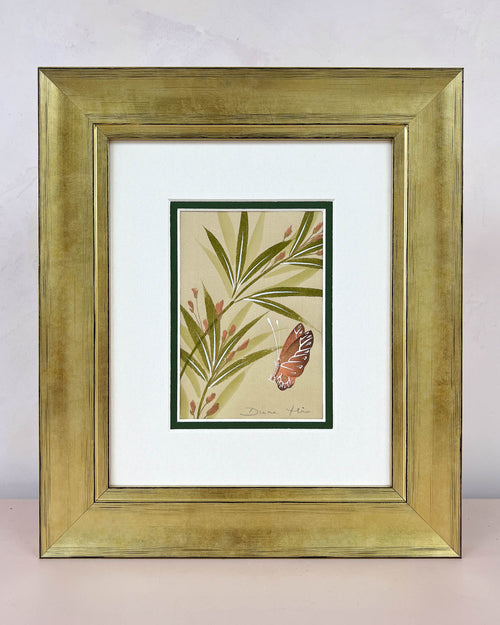 Diane Hill's original chinoiserie painting 'Blush Bamboo' in a gold frame on a plain white background