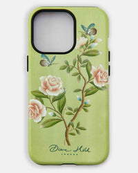 luxury chinoiserie phone case featuring vintage inspired butterflies, branches and roses on a green background