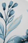 close up of regencycore style classic blue and white chinoiserie art print featuring flowers and branches with gold embellishment