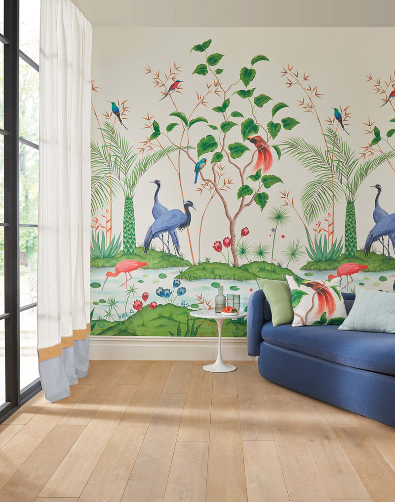 A stunning design created exclusively for Osborne & Little for their Empyrea range, featuring blue herons, palm trees and rambling botanicals. Mirage has been designed exclusively for Osborne & Little by Diane Hill and Joanna Charlotte.