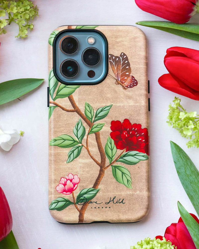 luxury chinoiserie phone case featuring vintage inspired butterfly branches and flowers on a gold background