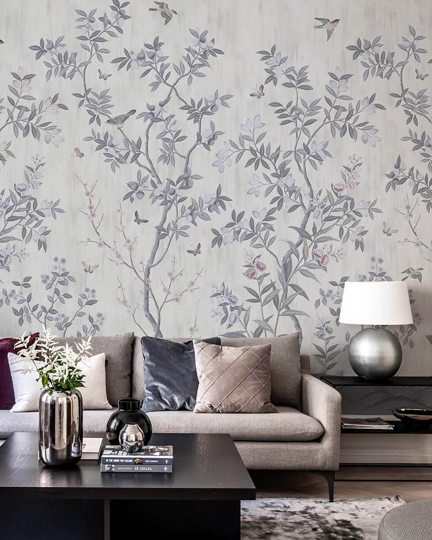 Diane Hill's Chinoiserie wallpaper design for Rebel Walls in monochromatic tones of indigo blues, whites and greys. 