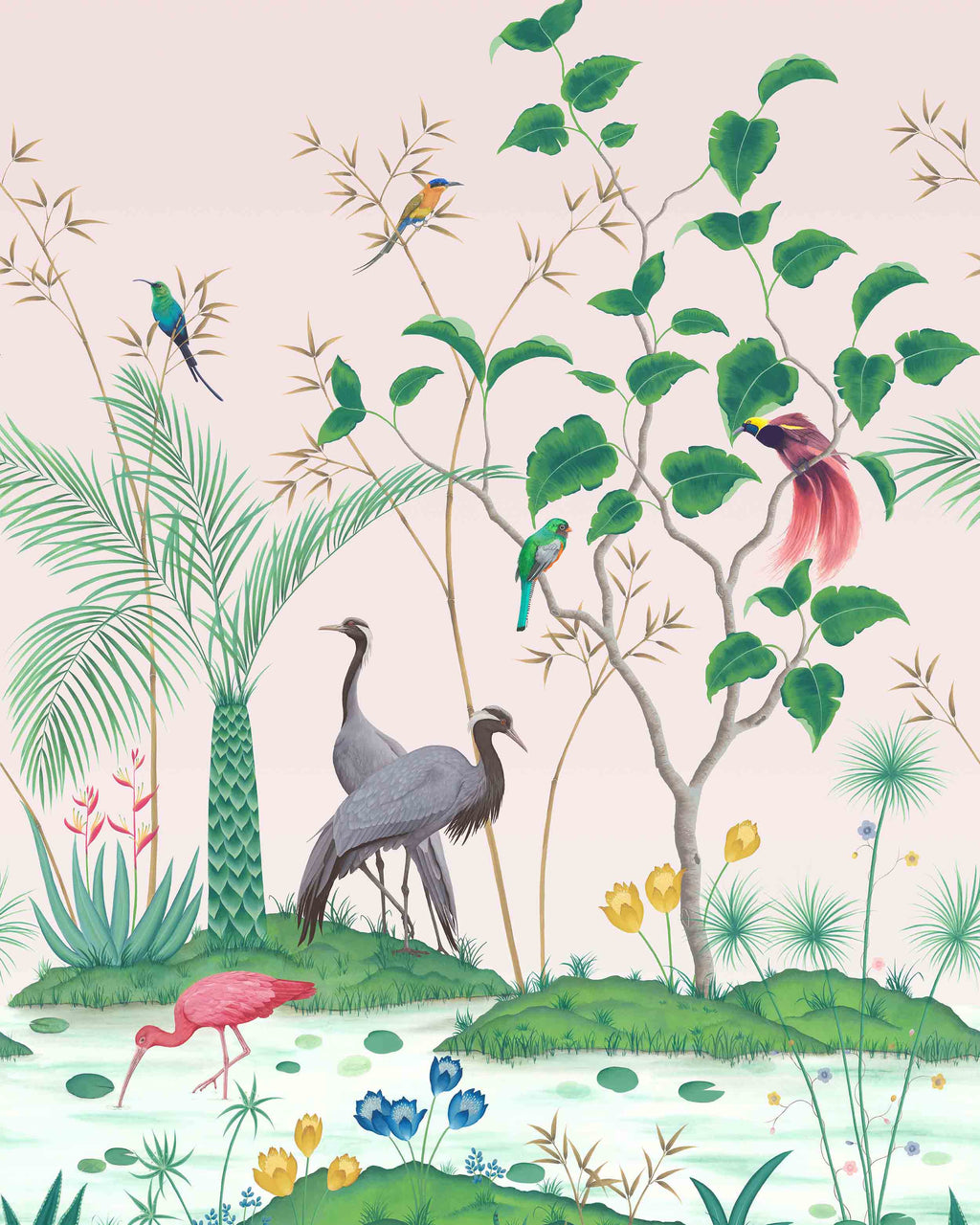 A stunning design created exclusively for Osborne & Little for their Empyrea range, featuring blue herons, palm trees and rambling botanicals. Mirage has been designed exclusively for Osborne & Little by Diane Hill and Joanna Charlotte .The finished piece