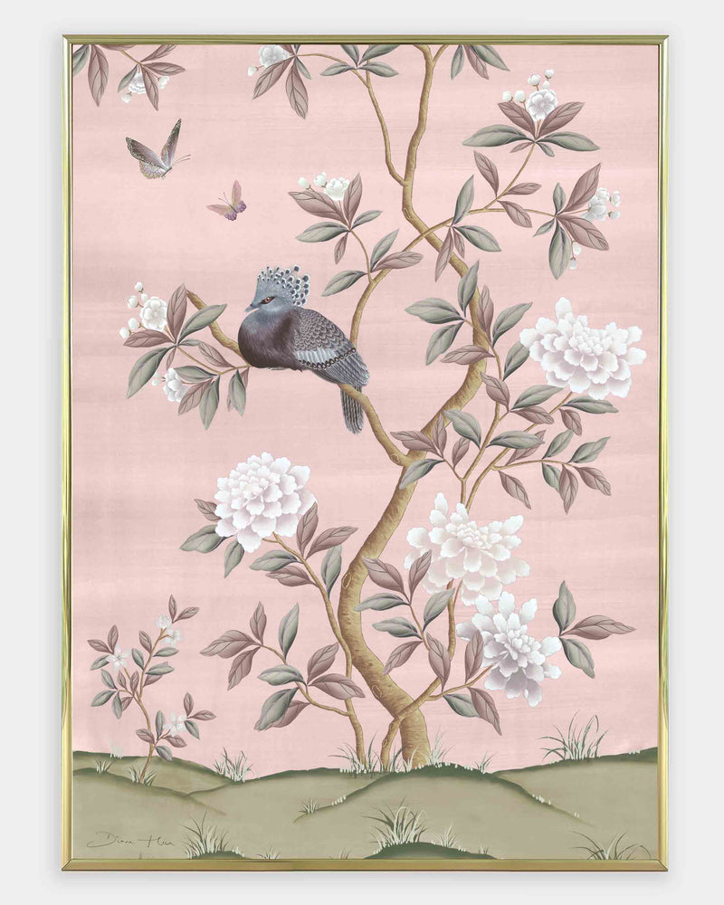 pink botanical chinoiserie wall art print with flowers and birds in Chinese painting style