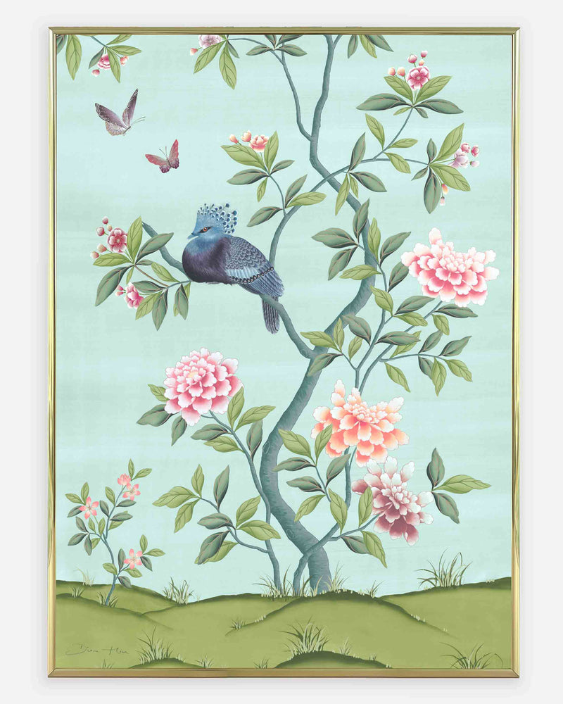 framed blue and green botanical chinoiserie wall art print with flowers and birds in Chinese painting style