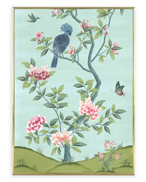 blue vintage floral chinoiserie wall art print with flowers and birds, chinoiserie chic gifts, Chinese style illustration